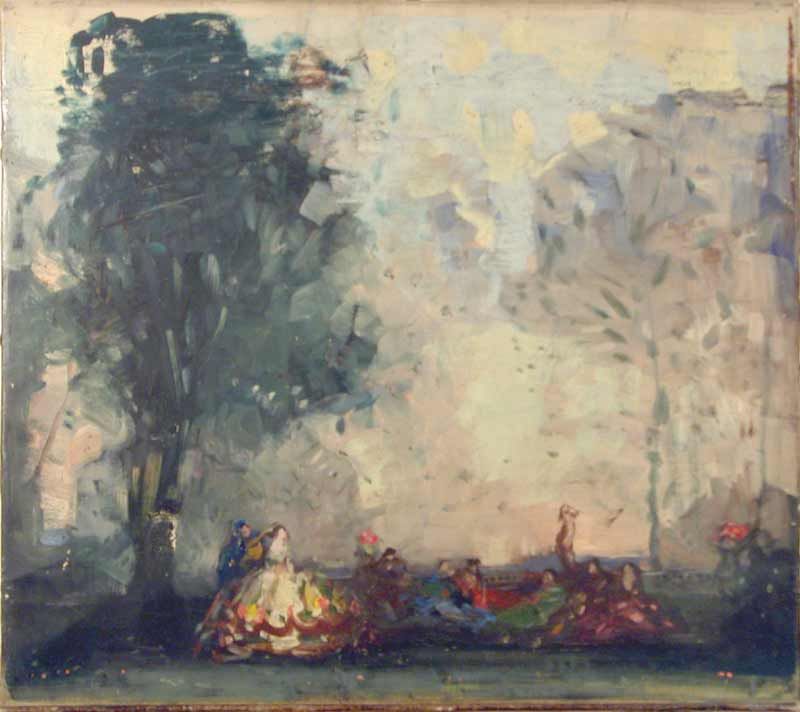 William George Robb (1872-1940), oil on canvas, Figures in parkland, 45 x 50cm, unframed